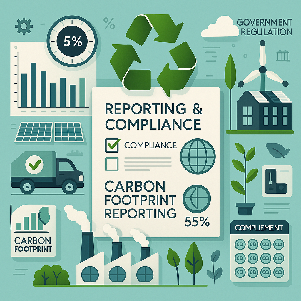 Carbon Footprint Reporting & Compliance Illustration Infographic-style illustration of carbon footprint reporting and compliance, featuring bar charts, a recycling symbol, a factory, a wind turbine, solar panels, a truck, and environmental icons in teal, green, and blue tones.