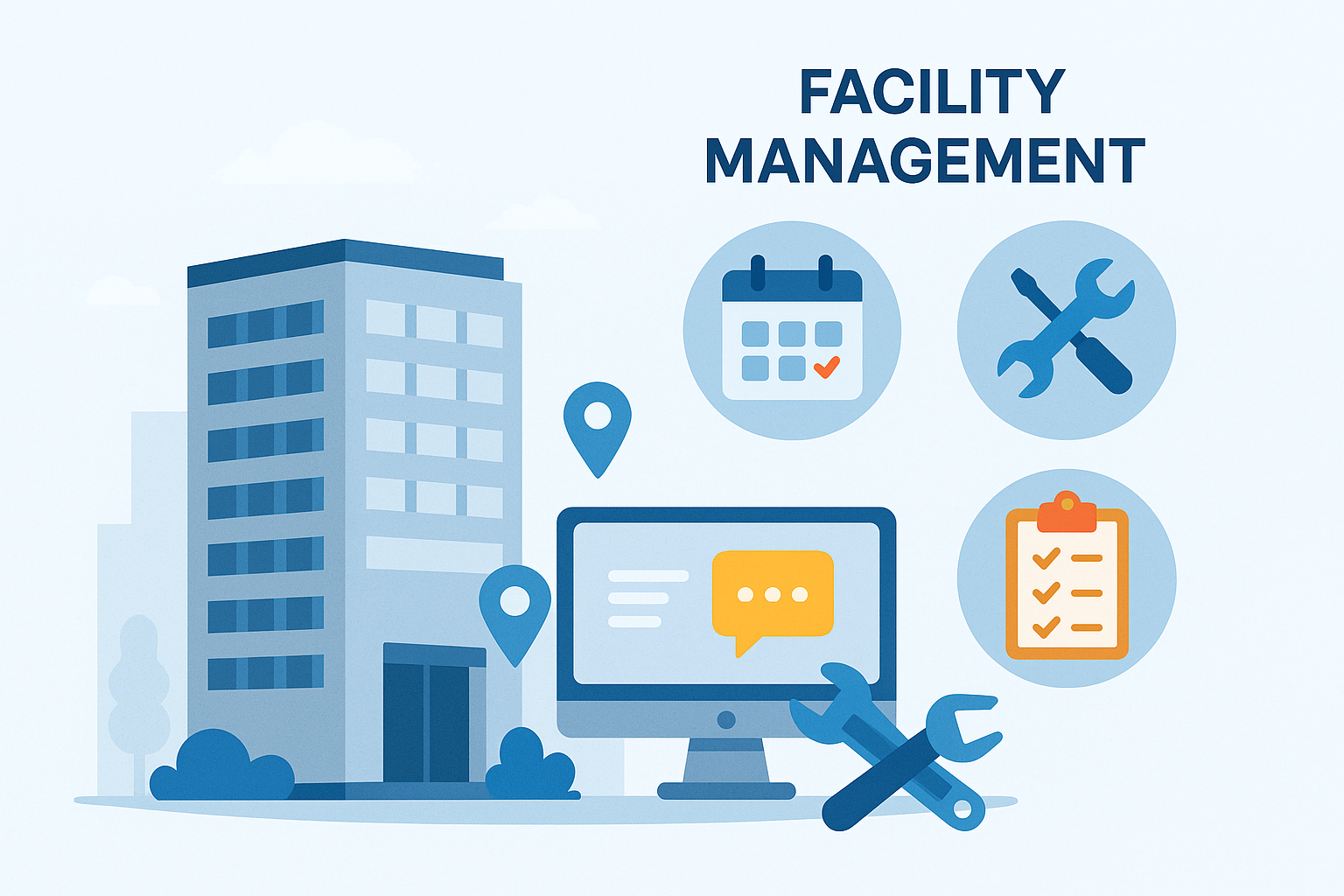 Facility Management Illustration Illustration of a modern office building with facility management icons including a calendar, checklist, tools, and a desktop computer representing scheduling, maintenance, and communication.