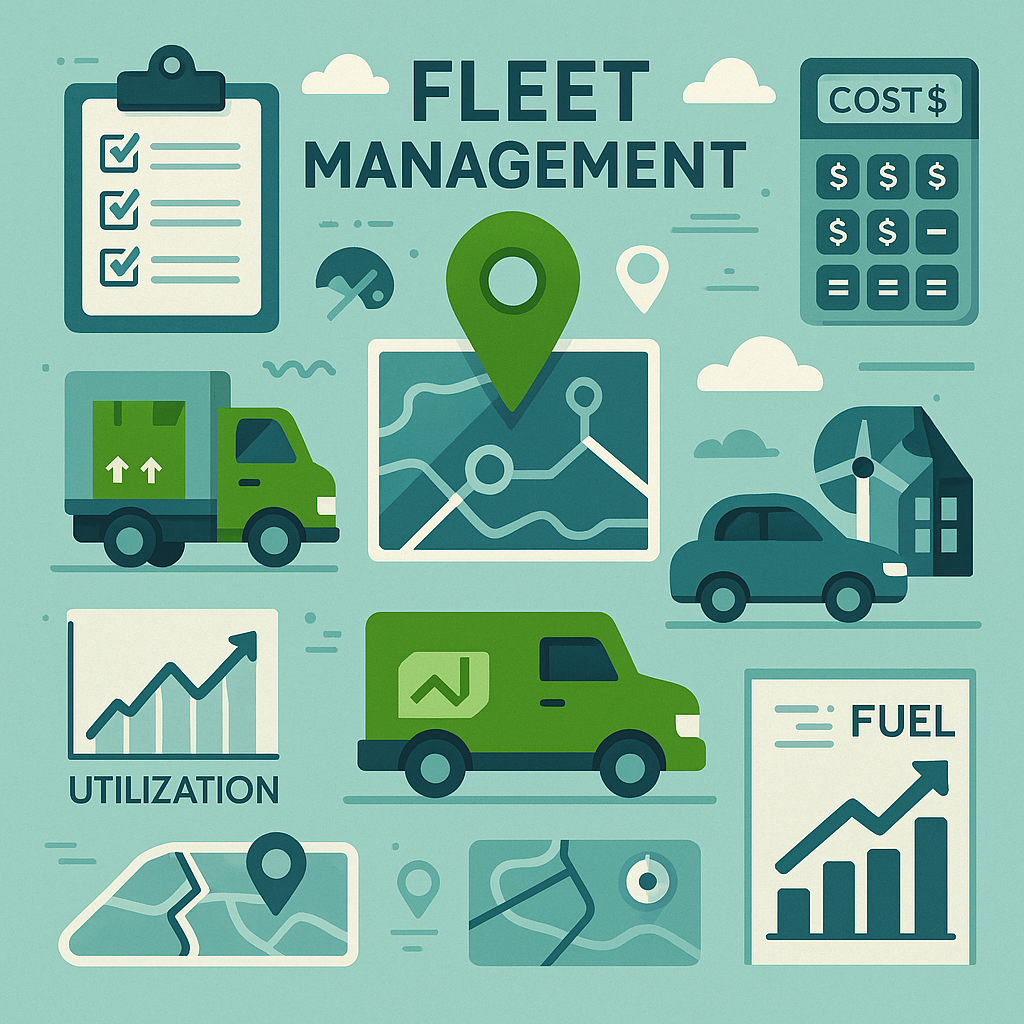 Fleet Management Infographic Illustration Infographic-style illustration of fleet management showing delivery vehicles, route maps, location markers, checklists, a cost calculator, fuel chart, and utilisation graph on a teal background.