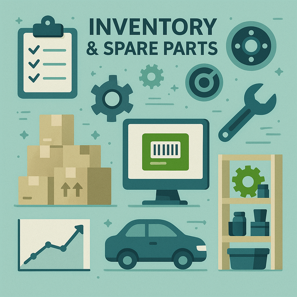 Inventory & Spare Parts Management Illustration Infographic-style illustration of inventory and spare parts management showing a barcode screen, stacked boxes, checklist, gears, wrench, shelving unit, and performance chart in flat design.