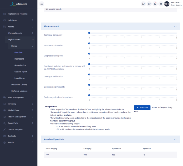 Screenshot of the Atlas Assets™ Digital Asset Risk Assessment page showing risk factors such as technical complexity, compliance, device reliability, and associated spare parts.