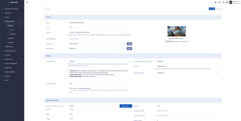 Screenshot of the Atlas Assets™ Building Details page showing energy efficiency rating, building size, replacement value, operational status, and property details.