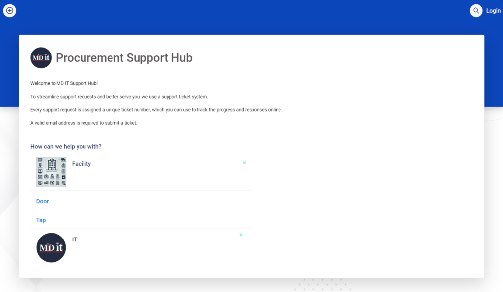 Screenshot of the Atlas Assets™ Help Desk Portal, featuring the option to submit support tickets under categories like Facility, Door, Tap, and IT, with a simple interface for easy ticket management.