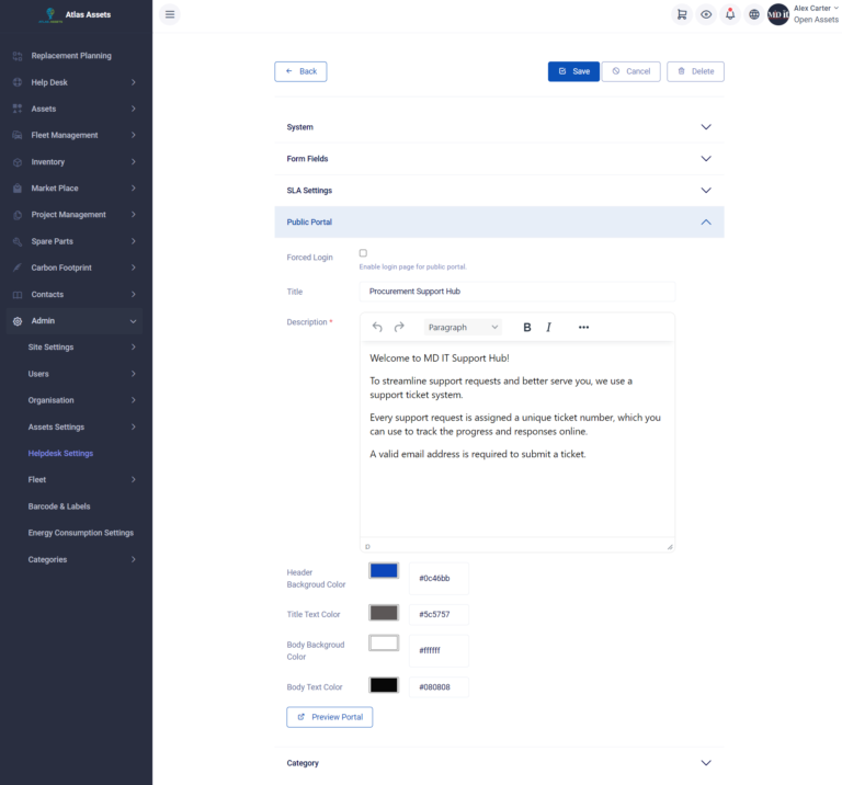 Screenshot of the Atlas Assets™ Help Desk Public Portal Settings page, showing options for configuring the title, description, and appearance of the support portal, as well as login requirements.