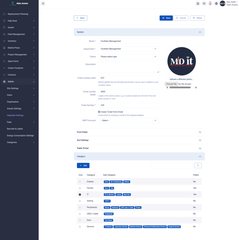 Screenshot of the Atlas Assets™ Help Desk Settings page showing the configuration of ticket number prefixes, categories, and options for creating tickets via email.