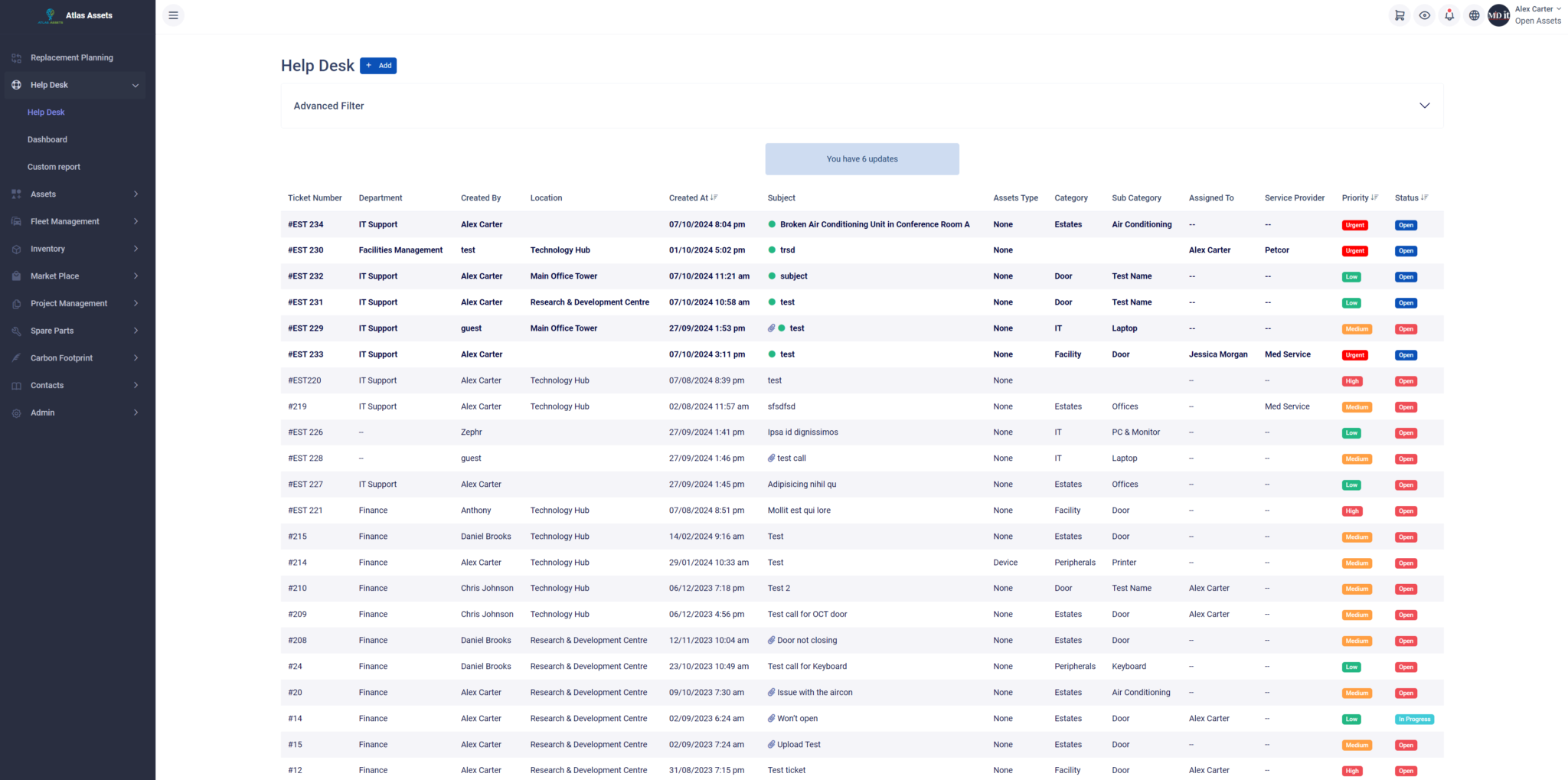 Screenshot of the Atlas Assets™ Help Desk showing a list of tickets with details such as ticket number, department, creator, subject, status, category, priority, and assigned technician.