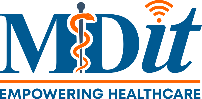 MD IT logo with a medical staff and wireless signal icon, accompanied by the tagline “Empowering Healthcare”