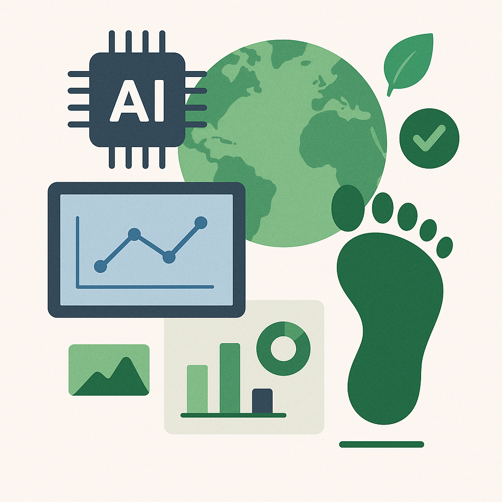 Illustration of carbon footprint management with icons of a footprint, globe, leaf, AI chip, and data charts in green and blue tones.