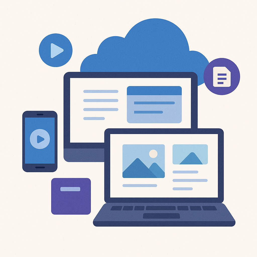 Illustration of digital assets including a cloud icon, laptop, desktop monitor, smartphone, and digital files, displayed in a flat, minimalist style with blue and purple tones.