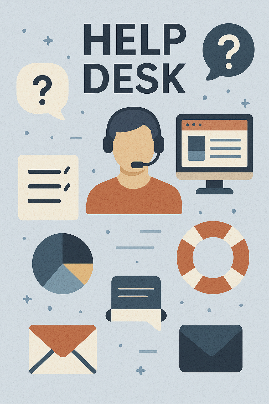 Infographic-style help desk illustration featuring a support agent with headset, chat bubbles, pie chart, checklist, envelope icons, and computer screen on a light blue background with red, beige, and navy accents.