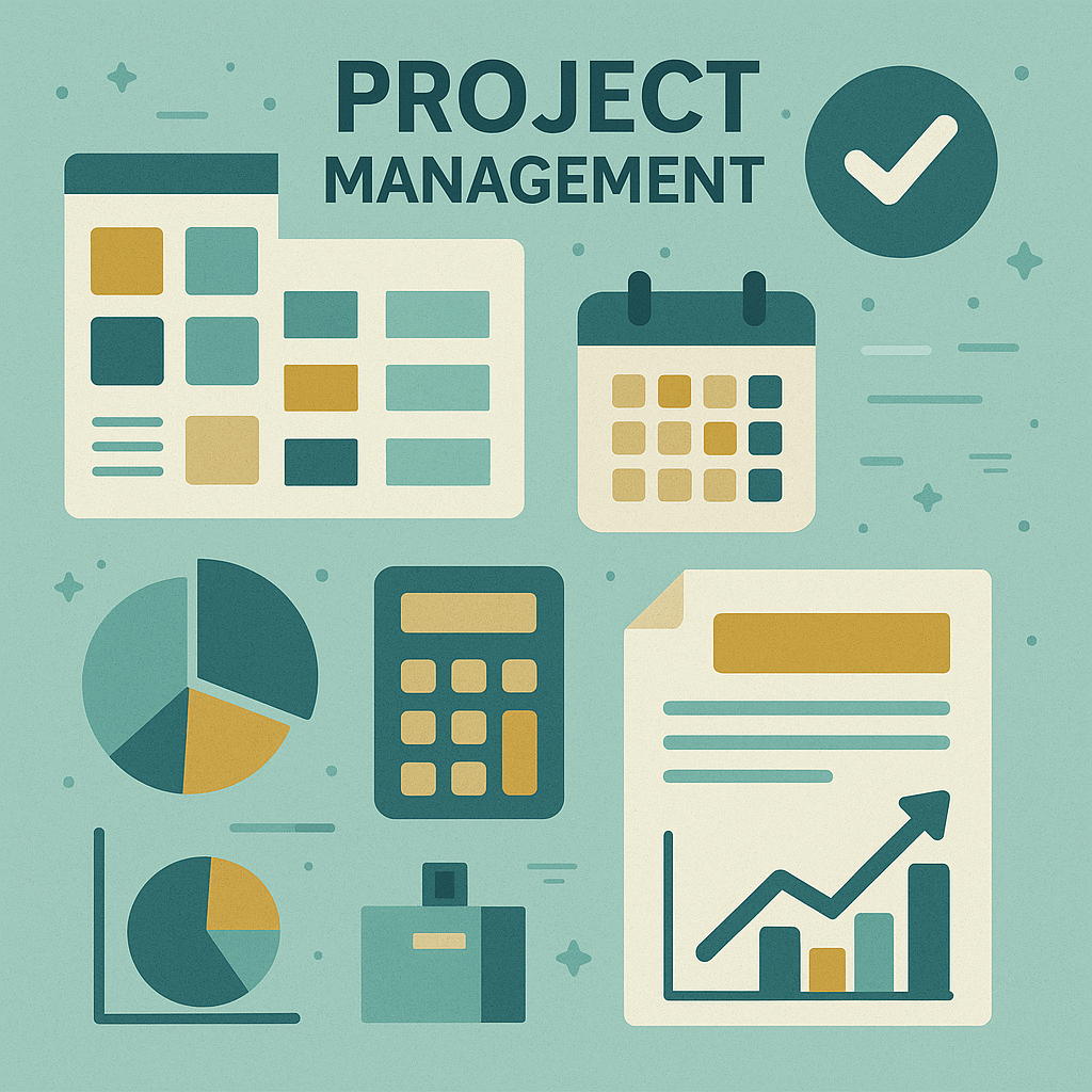 Project Management Illustration Infographic-style illustration of project management showing a Kanban board, calendar, charts, checklist, calculator, and performance report on a teal background