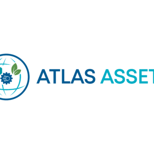 Atlas Assets icon showing a blue globe outline with a building, two green leaves, and a central gear symbol representing facilities, sustainability, and intelligent asset management.