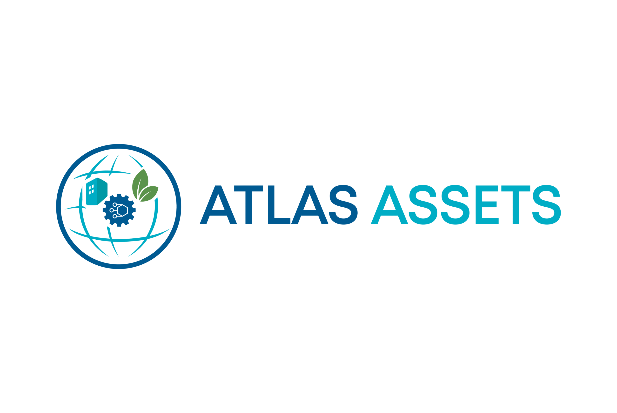 Atlas Assets icon showing a blue globe outline with a building, two green leaves, and a central gear symbol representing facilities, sustainability, and intelligent asset management.