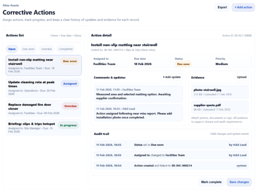 Corrective actions list showing owners, due dates, statuses and evidence to track safety actions through to completion.