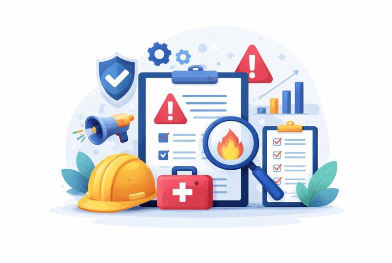 Safety & Risk Management illustration showing incident reporting checklists, warning symbols, a hard hat, first-aid kit and safety shield.