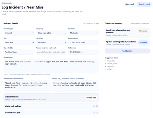Incident reporting form with category, severity, site, description and attachments for recording incidents and near misses.